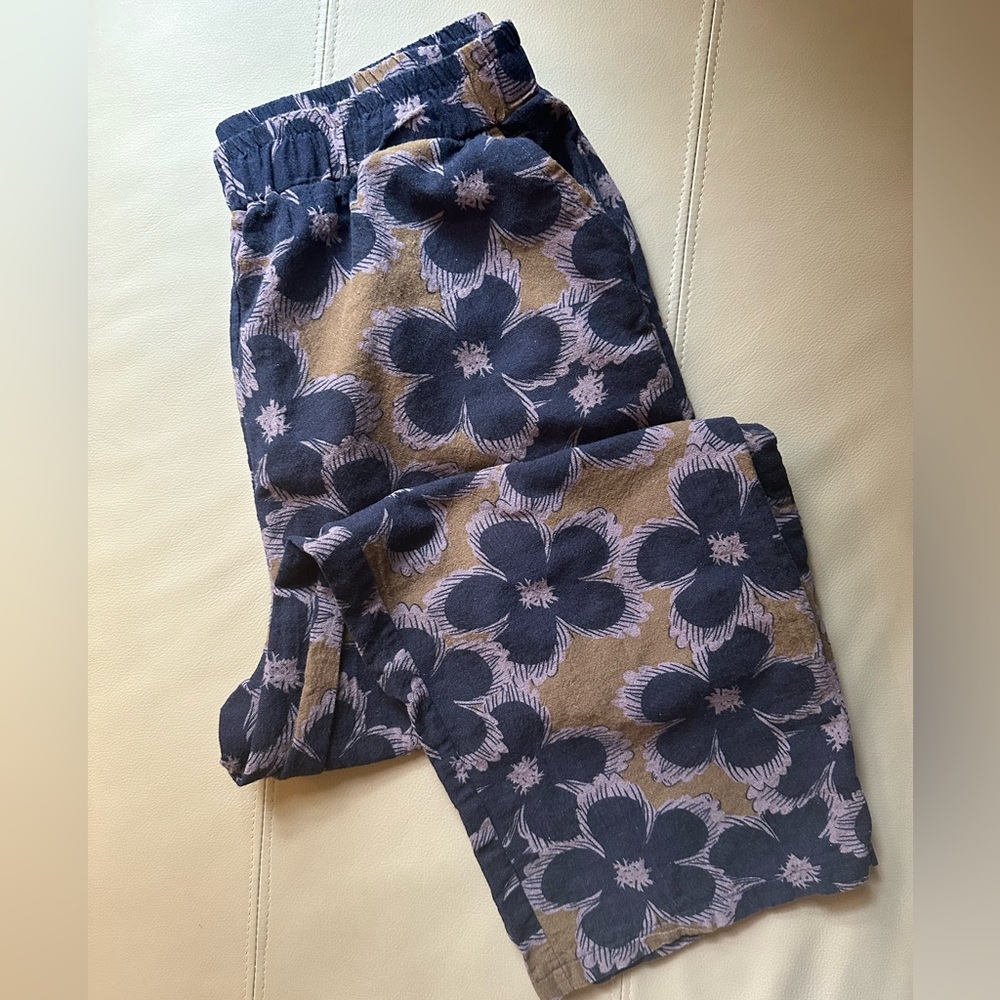 Floral Wide-Leg Track Pants - Navy & Tan